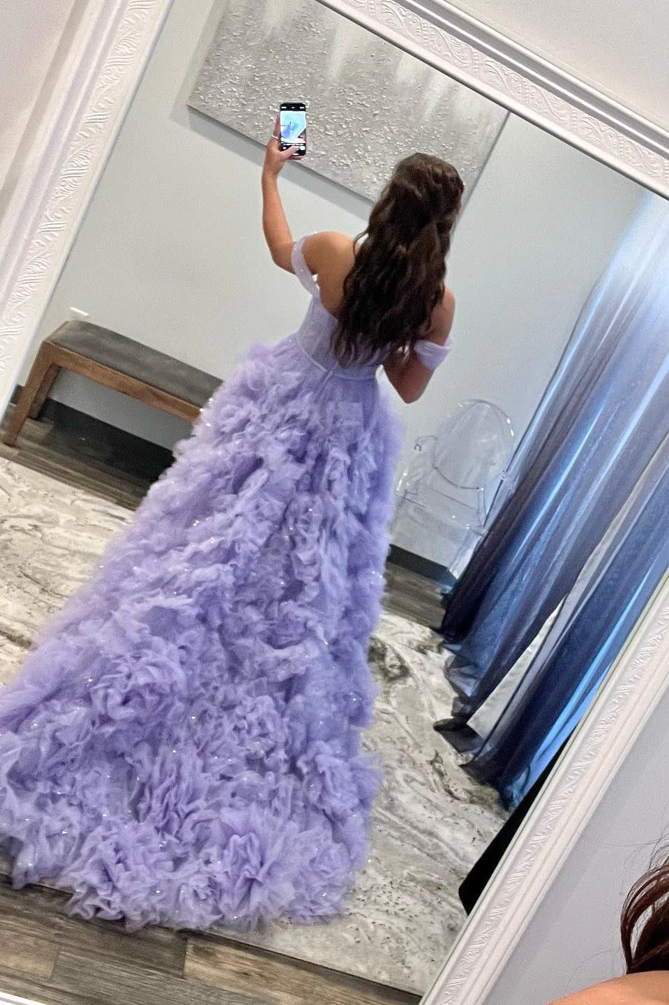 Lavender A-line Off-the-Shoulder Ruffle Layers Long Prom Dress Y2715