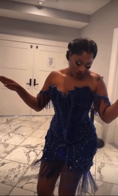 Luxurious Royal Blue Satin Beaded Tassel Short Homecoming Dress,Off The Shoulder Bodycon Mini Birthday Dress SP3024