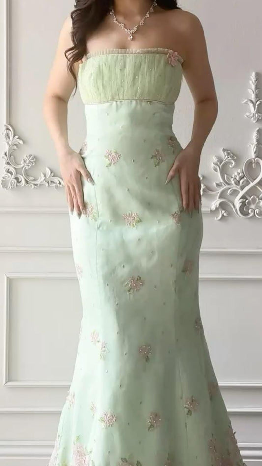Classy Strapless Light Green Tulle Beaded Floral Mermaid Long Party Dress Birthday Dress SP2273