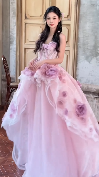 Pretty Pink Strapless Tulle Lace Appliques Long Evening Dress Birthday Prom Gown With Beads SP1661