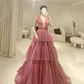 V Neck Tiered Sleeveless Tulle Prom Dress, Gorgeous Long Party Dress  Y4988
