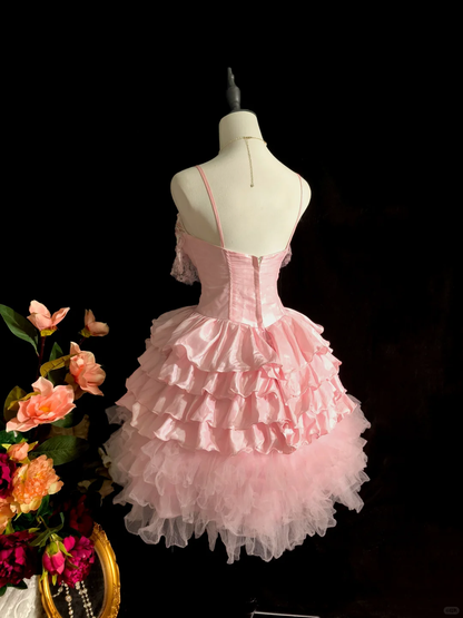 Glamorous Pink Spaghetti Straps Satin Tulle Layered A Line Short 18th Birthday Outfits,Formal Graduation Homecoming Dress SP2713