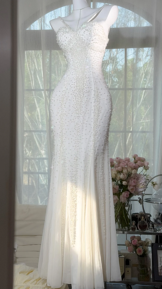 Sparkly Spaghetti Straps V Neck Chiffon Beaded Mermaid Evening Dress White Long Birthday Dress SP2179