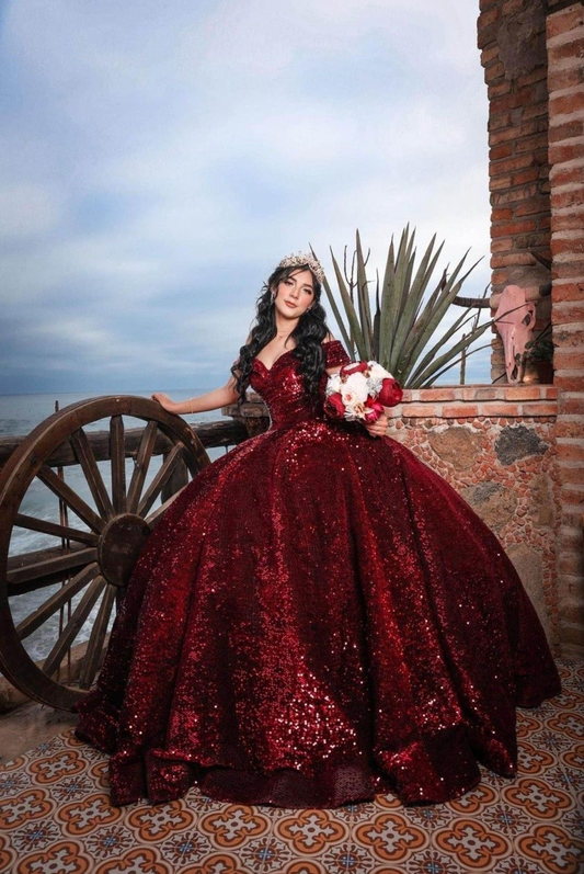 Sparkly Burgundy Off The Shoulder Ball Gown Sweet 16 Dress Y4264