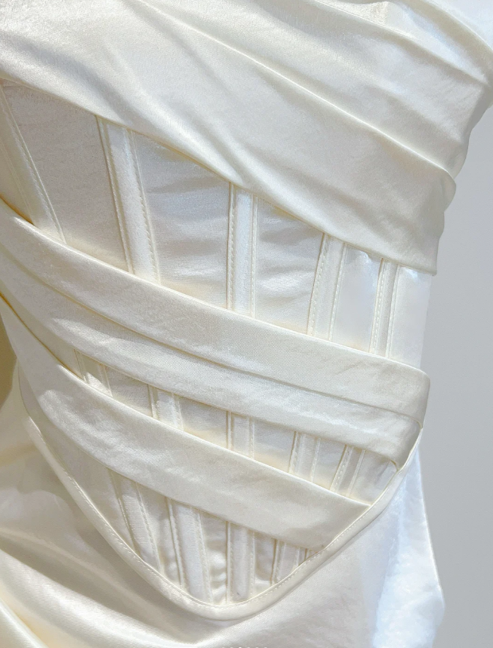 Charming Ivory White Satin Pleated Mermaid Long Bridesmaid Dress SP427