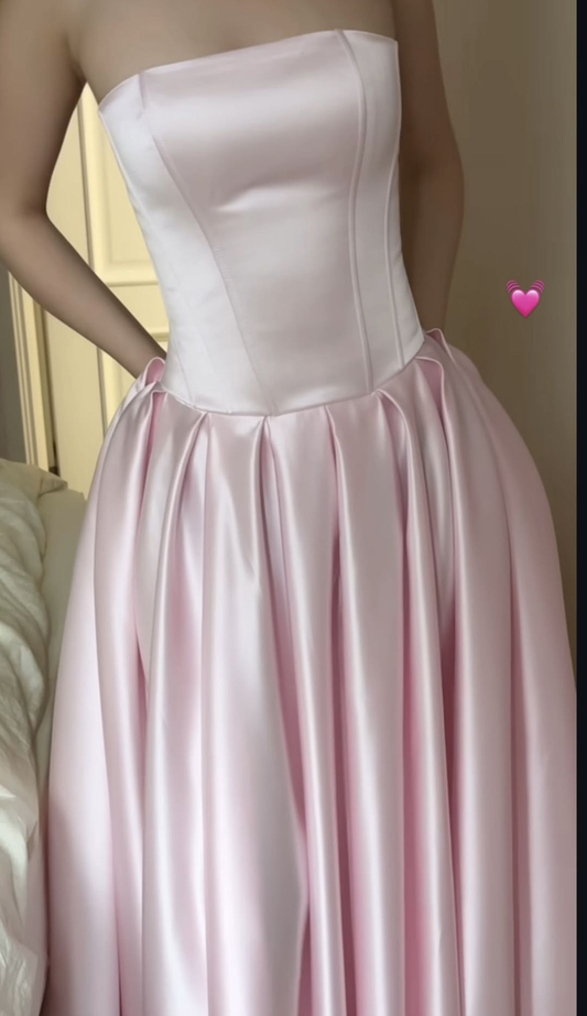 Sweet Strapless Light Pink Satin A Line Long Wedding Guest Dress Formal Birthday Party Dress SP2485