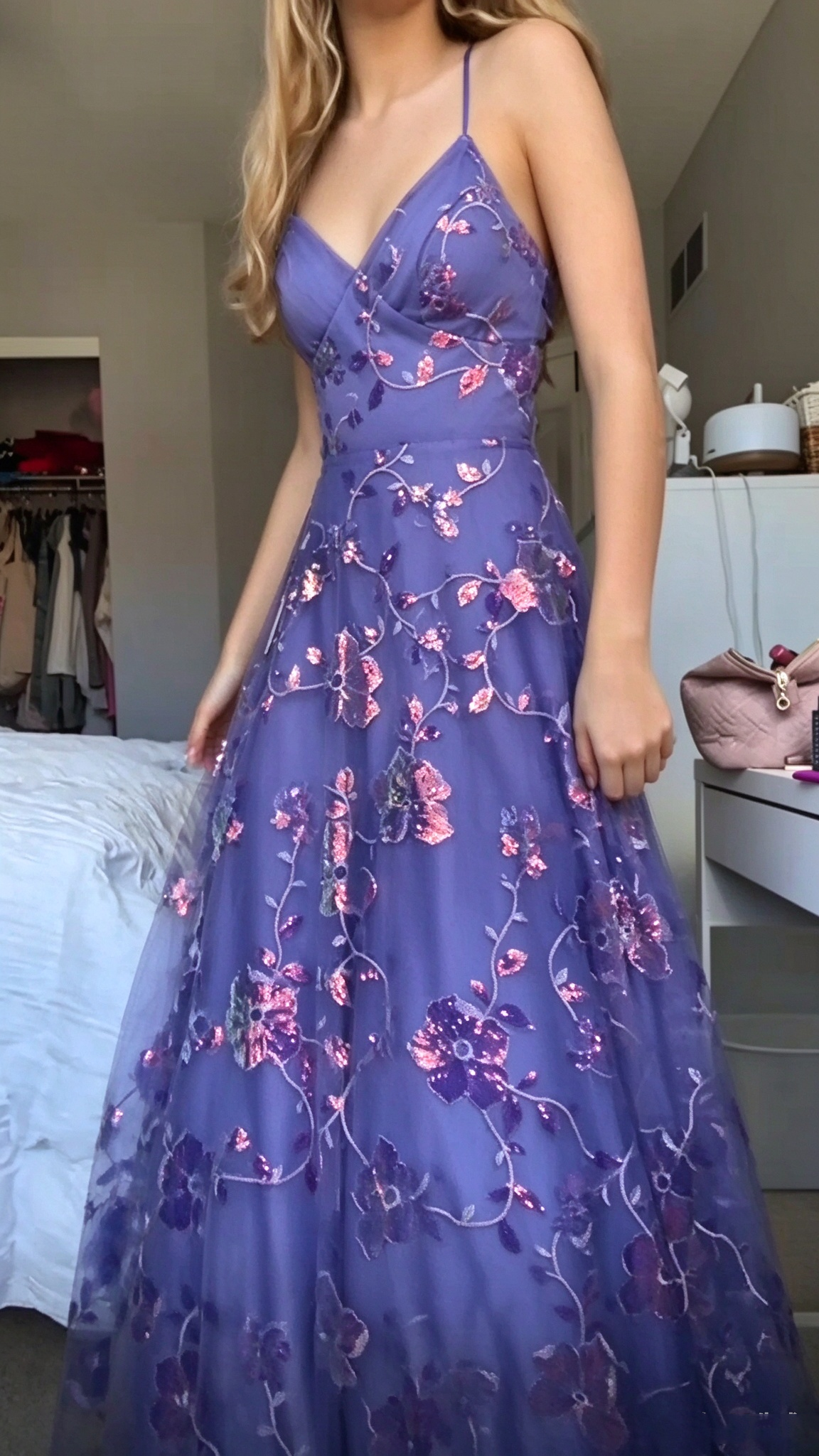 Elegant Spaghetti Straps Tulle Sequin Floral Prom Dress Purple Long Party Dress SP4226