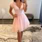 Pink A-line Tulle Deep V Neck Homecoming Dress with Feathers,Y2427