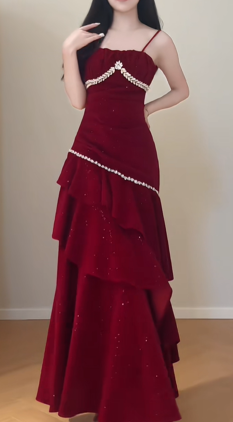 Shiny Spaghetti Straps Red Velvet Sequin Beaded Ruffles Mermaid Party Dress Long Prom Dress SP429