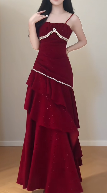 Shiny Spaghetti Straps Red Velvet Sequin Beaded Ruffles Mermaid Party Dress Long Prom Dress SP429