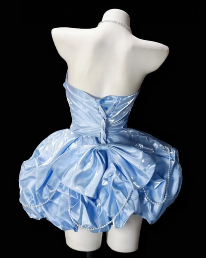 Charming Strapless Blue Satin Pleated Bow A Line Short Homecoming Dress Birthday Outfits SP3491