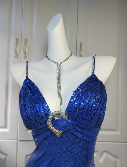 Charming Spaghetti Straps Royal Blue Sequin Prom Gown Long Mermaid Party Dress SP352