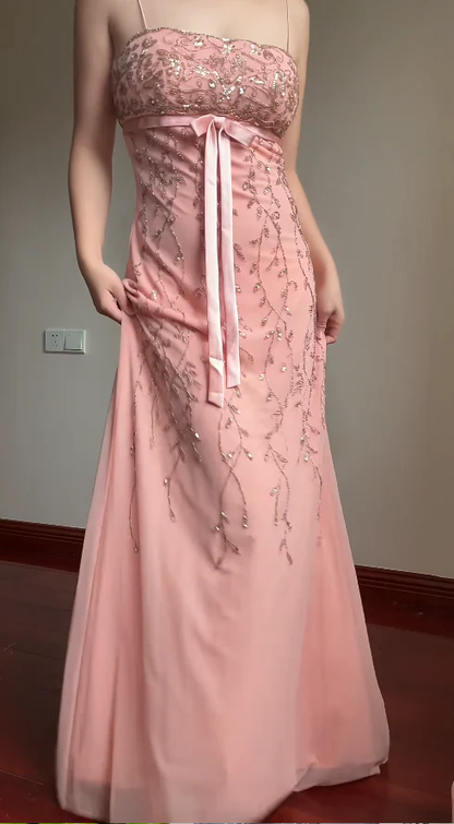 Classy Spaghetti Strap Pink Chiffon Beaded Long Prom Dress Formal Evening Dress SP944