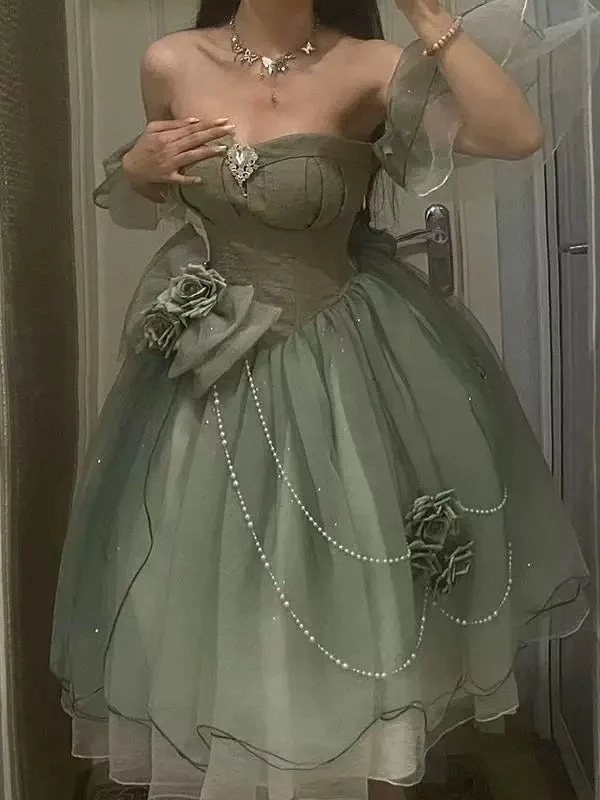 Classy Green Off Shoulder A-Line Floral Short Homecoming Dress Cute Mini Birthday Dress SP3786