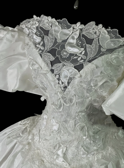 Vintage Off The Shoulder White Satin Lace Long Wedding Dress Bridal Gown SP4040