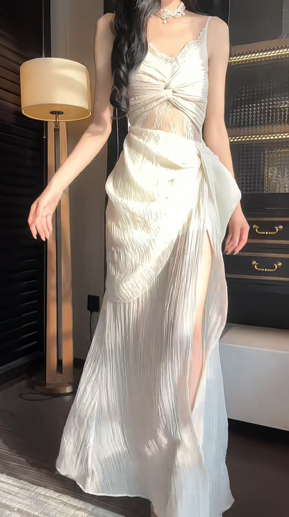 Sexy White Spaghetti Straps Lace Tulle Pleated Side Slit Prom Dress Mermaid Long Party Gown SP430