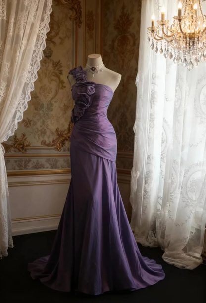 Classy One Satin Pleated Purple Mermaid Party Dress Formal Wedding Guest Dress SP749