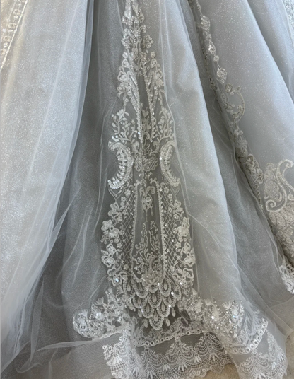 Vintage Silver Gray Tulle Lace Sequin Beaded Long Wedding Dress Formal Gowns SP1444