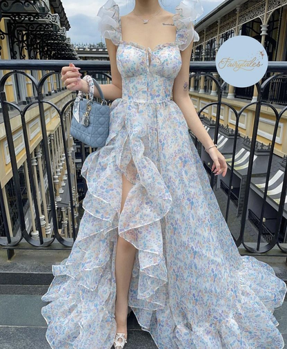 Princess Chiffon Print Floral A-line Long Prom Dress,18th Birthday Outfit Y6908