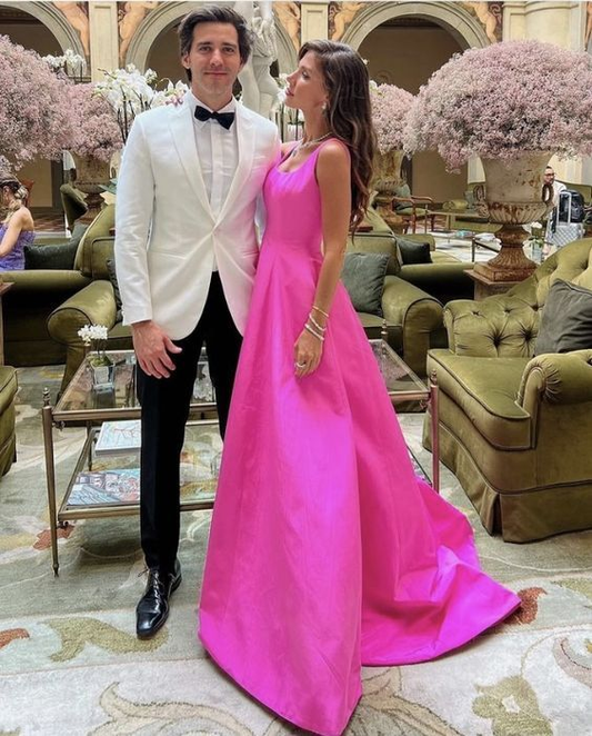Elegant Hot Pink A-line Long Prom Dresses Y5359