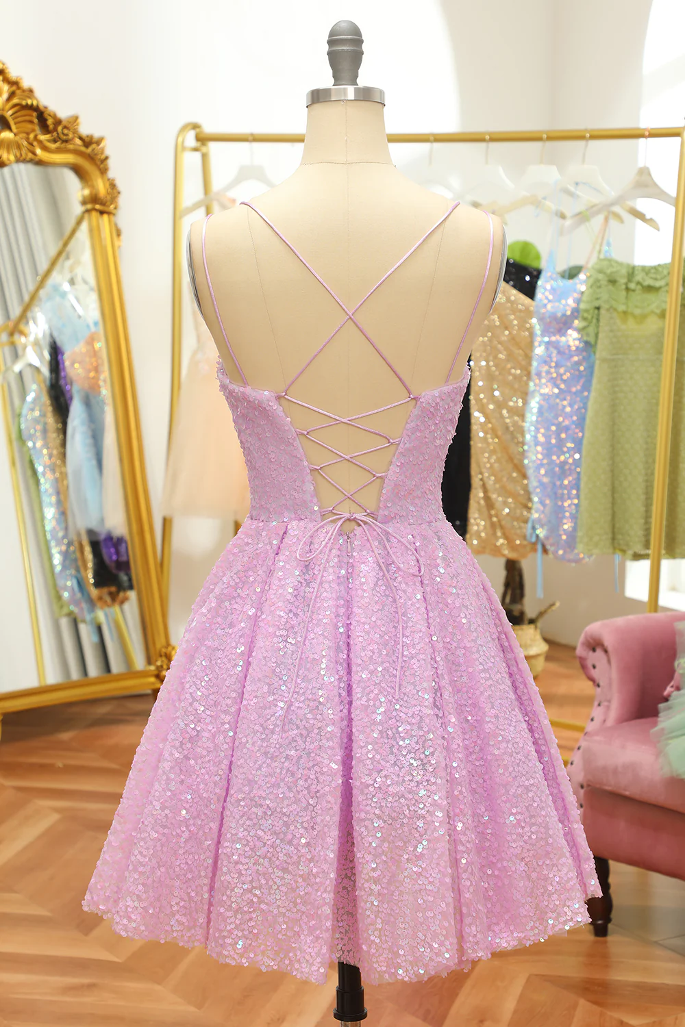 Lilac Sequins A-Line Lace-Up Homecoming Dress Y2994