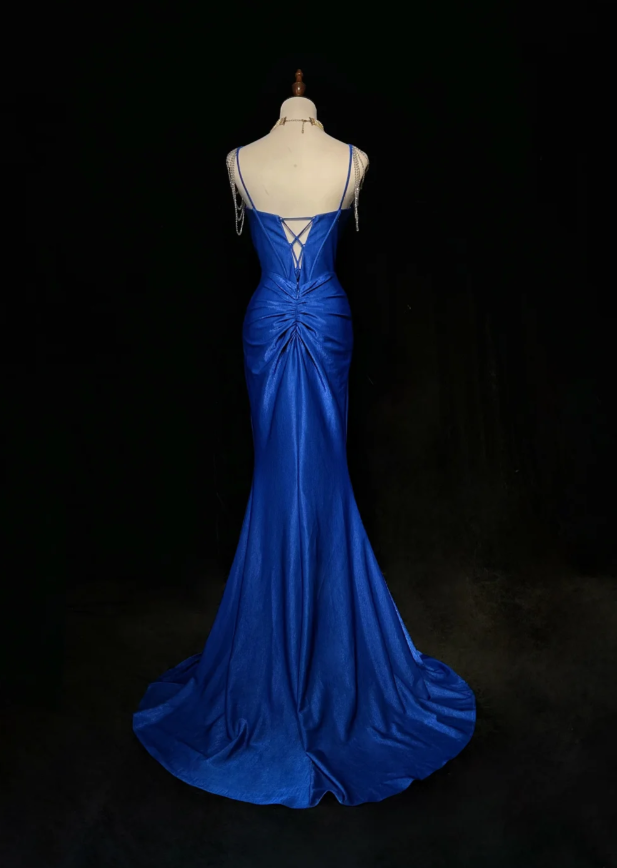 Charming Spaghetti Straps Royal Blue Satin Beaded Mermaid Long Evening Dress Birthday Prom Dress SP1961