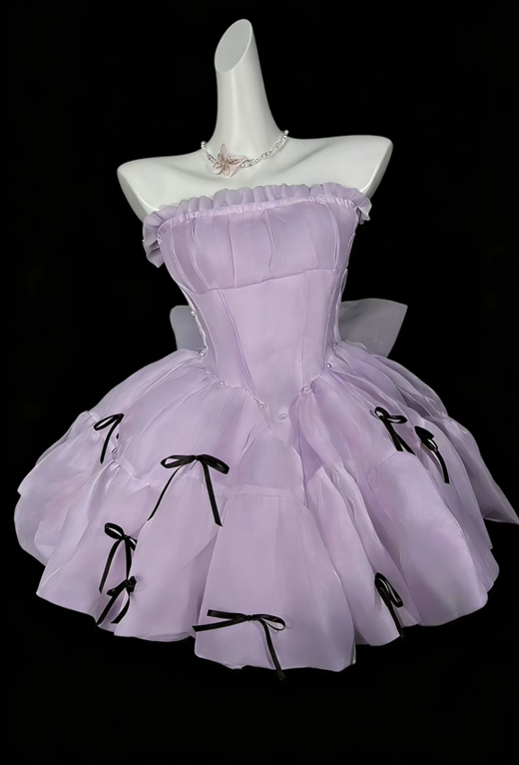 Fairy Strapless Tulle Bow A Line Short Birthday Outfits,White Short 6th Grade Homecoming Dress SP3525