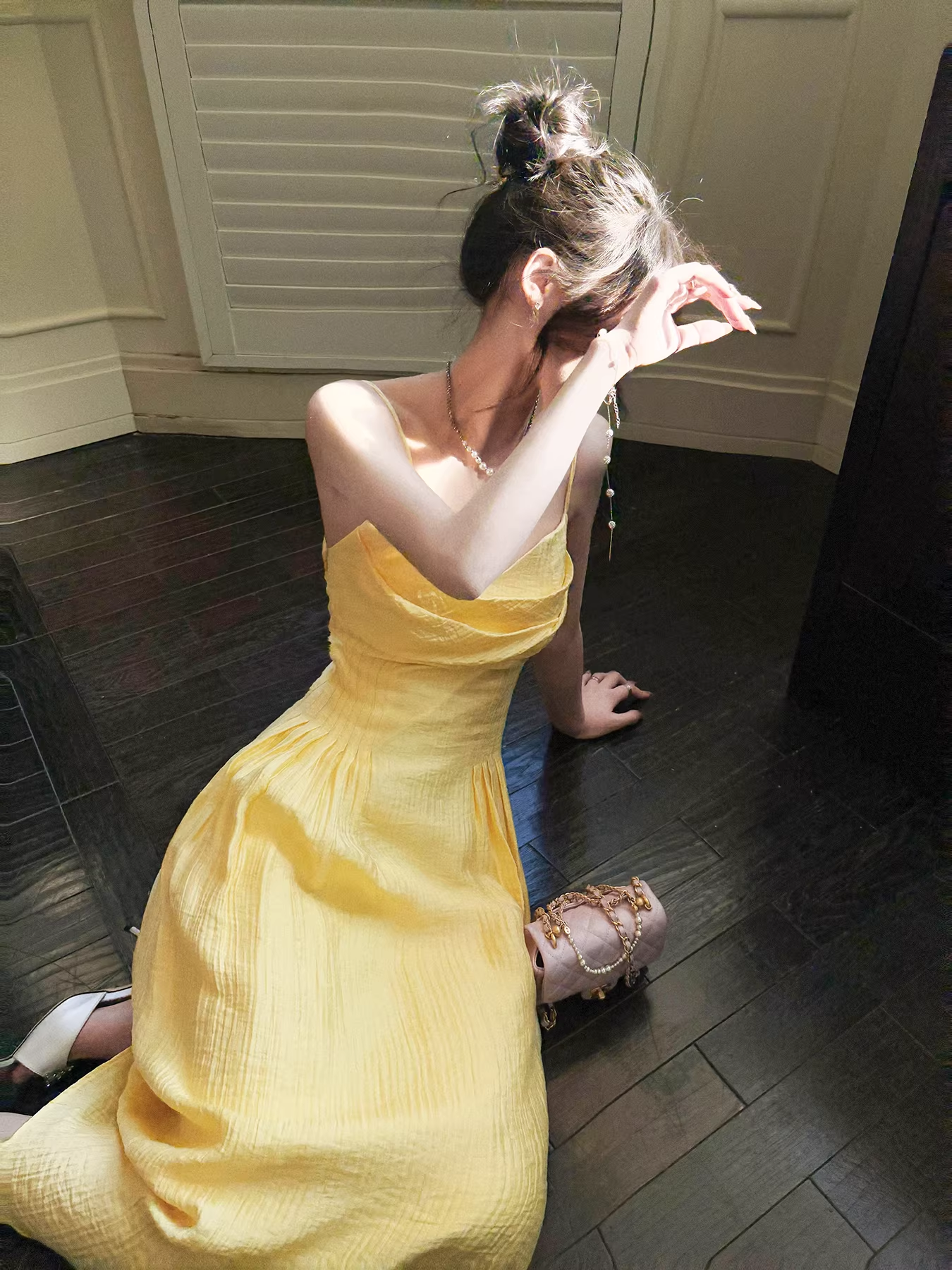 Sweet Spaghetti Straps Yellow Satin A Line Long Party Dress Prom Gowns SP2015