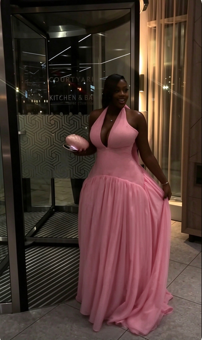 Sexy Halter V Neck Chiffon A Line Party Dress Pink Long Birthday Dress SP4281
