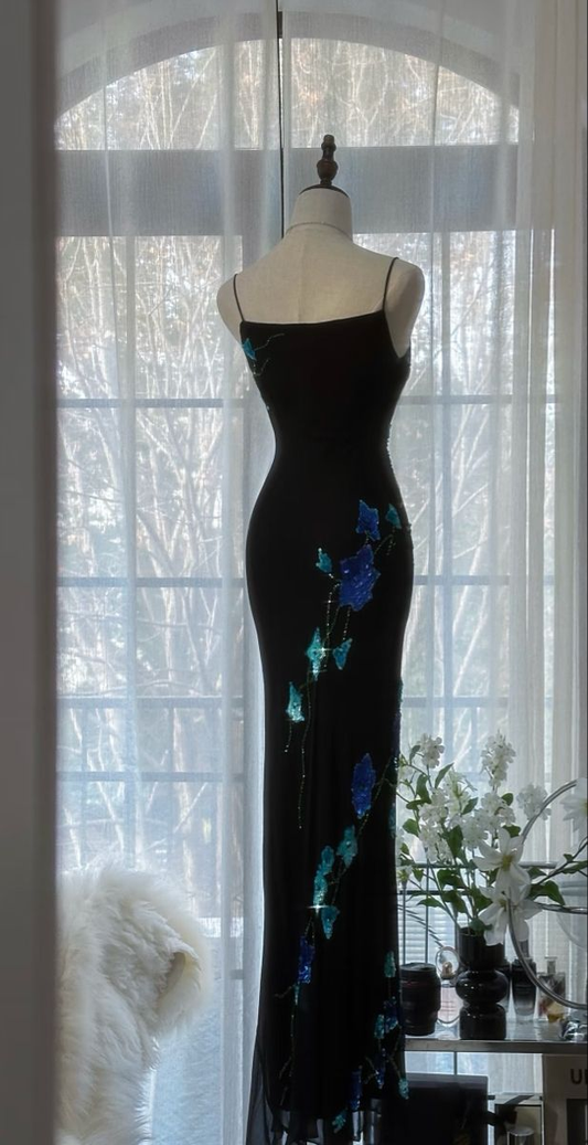 Glamorous Spaghetti Straps Black Chiffon Beaded Mermaid Long Party Dress Wedding Guest Dress SP1267