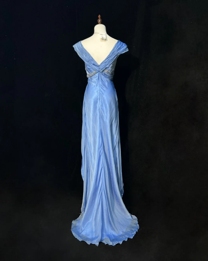 Unique Blue V Neck Satin Chiffon Beaded Mermaid Long Party Dress Birthday Prom Dresses SP1863