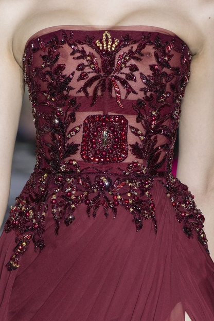 Gorgeous Strapless Burgundy Chiffon Beaded Long Party Dress Prom Gown SP1077