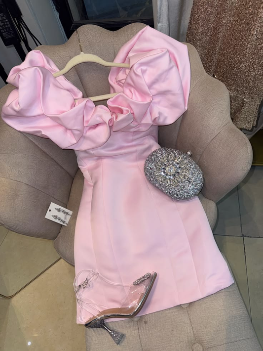 Sweet Off The Shoulder Satin Short Birthday Dress,Pink Short 9th Grade Homecoming Dress SP3028
