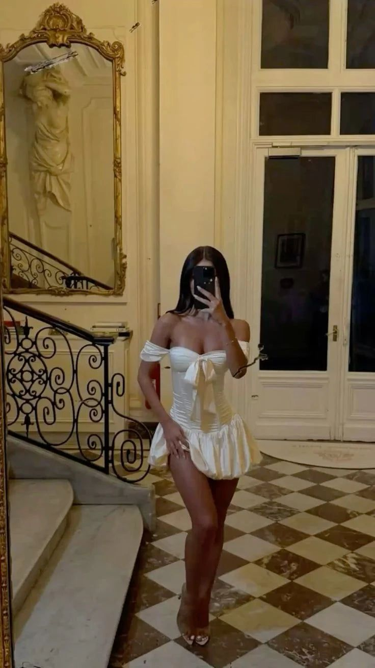 Simple White Satin A Line Homecoming Dress Off The Shoulder Short Cocktail Dress Y8943