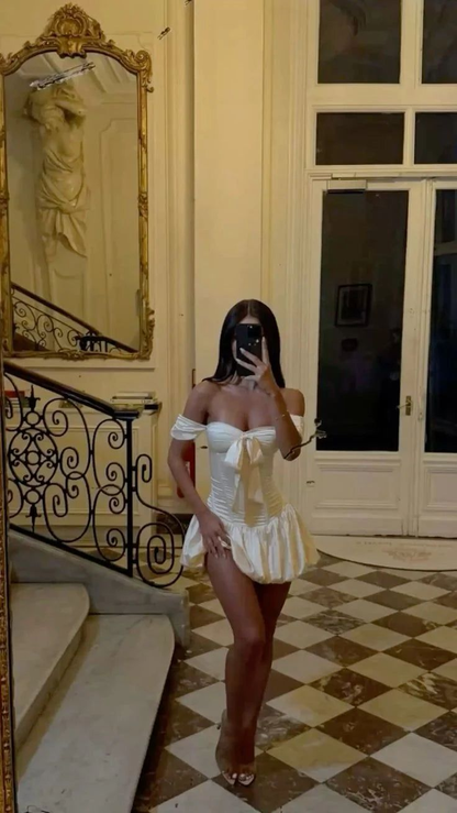 Simple White Satin A Line Homecoming Dress Off The Shoulder Short Cocktail Dress Y8943