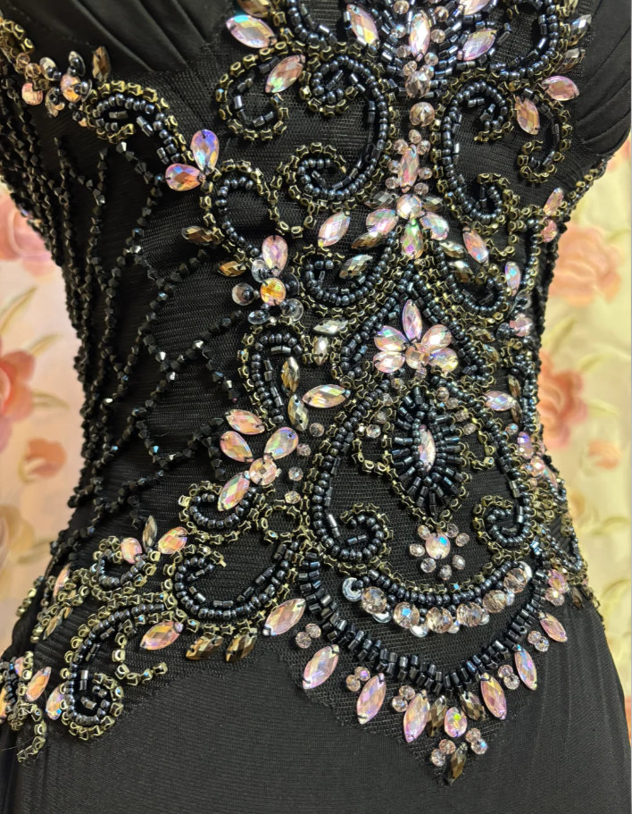 Stylish Black Strapless Beaded Satin Mermaid Slit Evening Dress Long Wedding Guest Dress SP1607