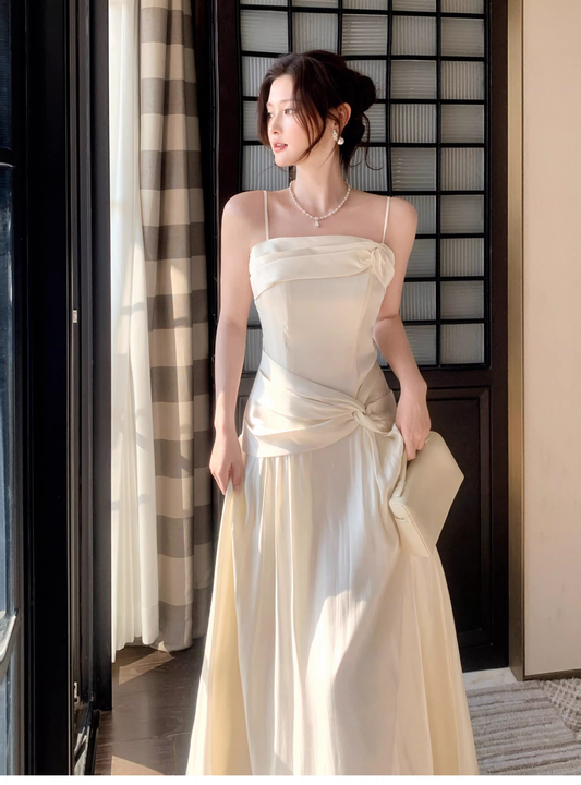 Pretty Spaghetti Straps Light Apricot Satin A Line Long Wedding Guest Dress Formal Birthday Party Dress Prom Gown SP1501