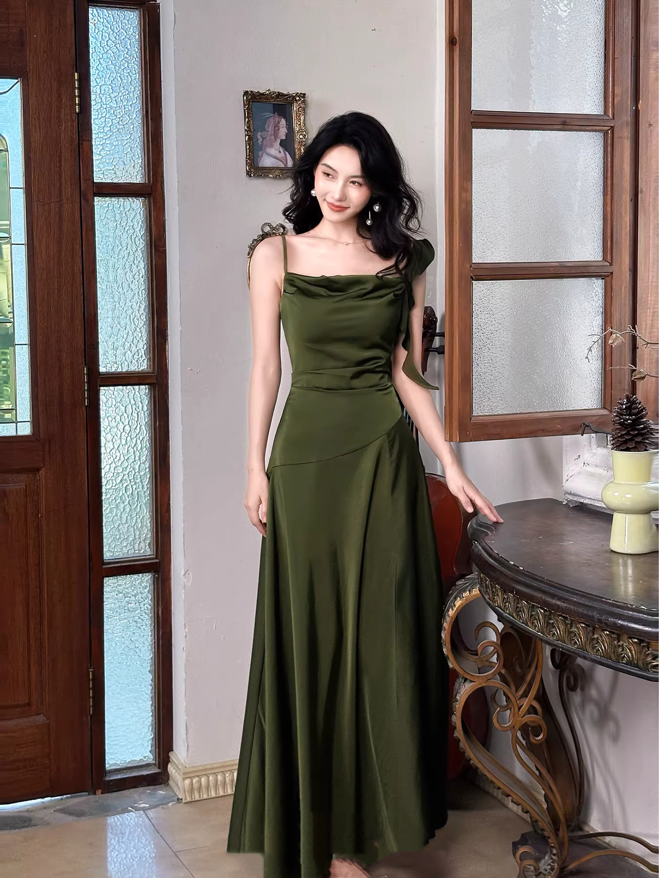 Vintage Olive Green Satin Slit Long Prom Dress Birthday Party Dress SP2008