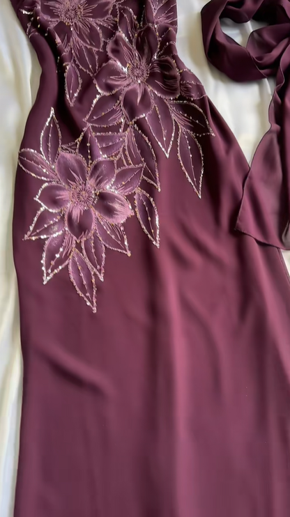 Retro Spaghetti Straps Purple Chiffon Sequin Floral Long Party Dress Prom Gown With Scarf SP2243