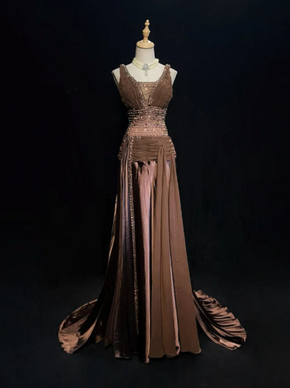 Vintage Brown Satin Chiffon Beaded Mermaid Long Party Dress Birthday Prom Dress SP1860