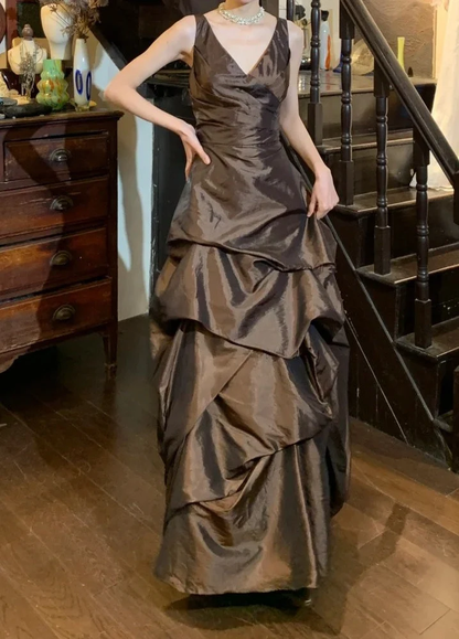 Retro V-neck Pleated Satin Brown Long Prom Dress Evening Dress SP3827