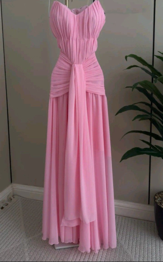 Classy Pink Strapless Chiffon Pleated Long Wedding Guest Dress Evening Dress SP884