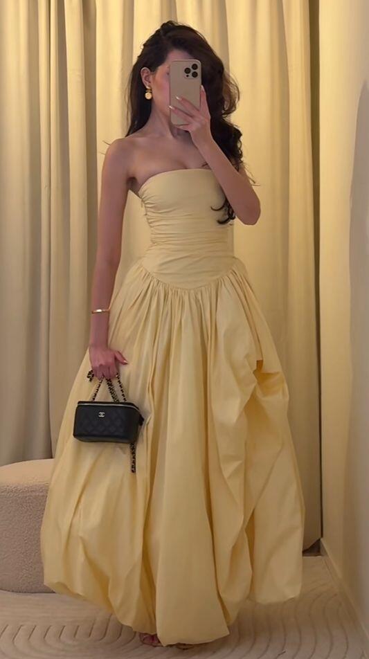 Cute Strapless Yellow Satin Pleated A Line Birthday Evening Gown Long Wedding Guest Dress SP1146