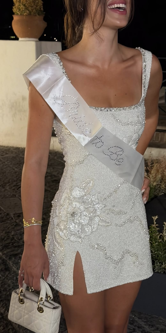 Glitter White Spaghetti Straps Sequin Floral Beaded Short Graduation Homecoming Dress Birthday Outfits SP3577