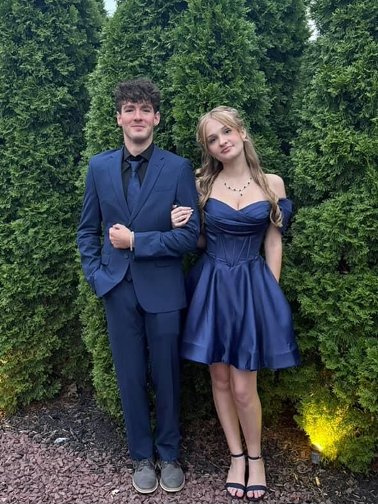 Stylish Off The Shoulder Satin A Line Short 16th Birthday Outfits ,Navy Blue Mini Homecoming Dress SP2779