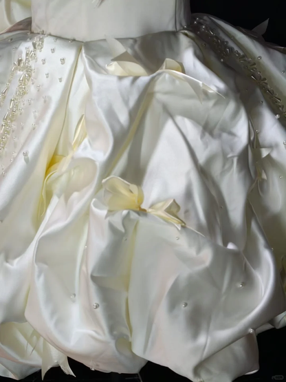 Glamorous Off White Satin Pleated Beaded Bow A Line Short Homecoming Dress,Mini 16th Birthday Outfits SP3195