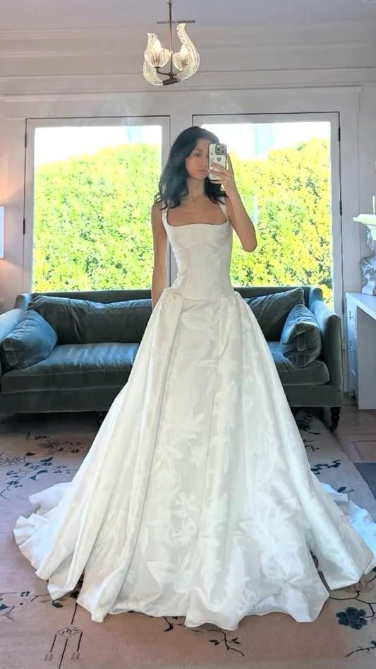 Elegant White Spaghetti Straps Satin Print Floral Long Wedding Dress SP2971