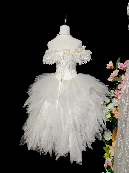 Elegant Off The Shoulder Lace Tulle Pearls Beaded Short Birthday Dress,White Mini Homecoming Dress SP2715