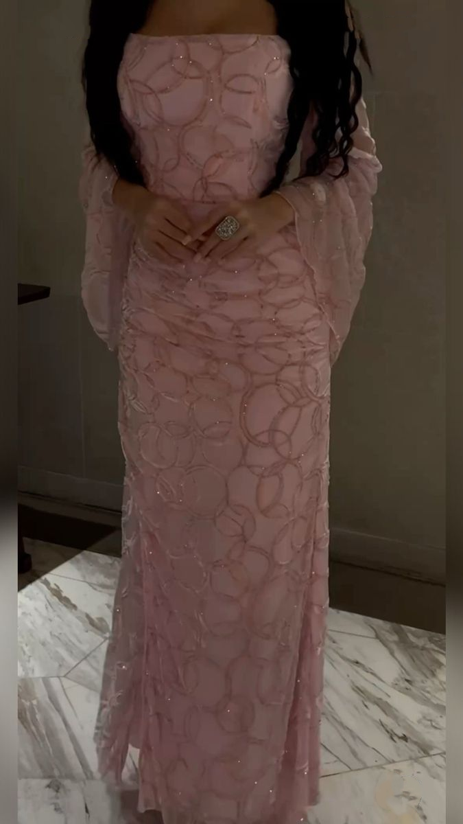 Charming Pink Chiffon Sequin Beaded Long Birthday Outfits Side Slit Evening Dress SP840