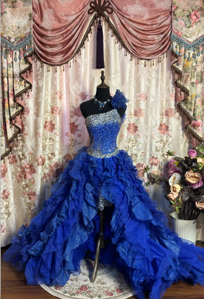 Charming One Shoulder Royal Blue Beaded Tulle Pleated Ruffles Long Prom Dress Mermaid Evening Dresses SP1604